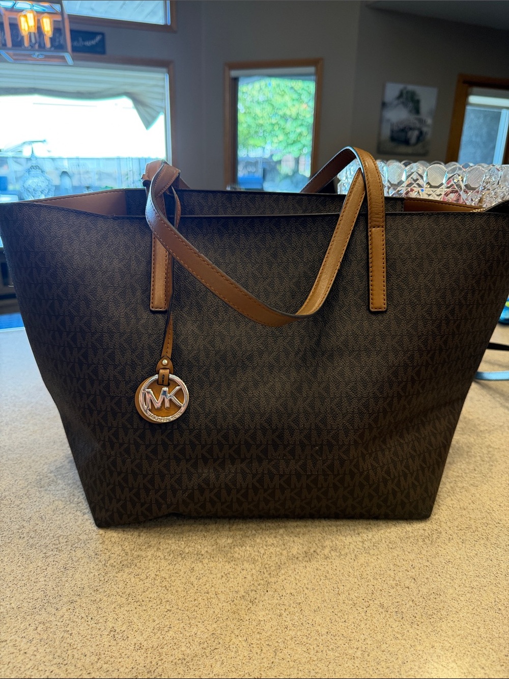 Michael Kors Dark Brown Logo Tote with Tan Leather Straps gold hardware